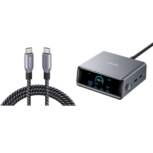 Bundle kit: Anker Prime Charger (250W, 6 Ports, GaNPrime) with USB-C to USB-C Cable (240W)