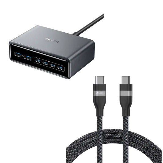 Anker Prime Charger (200W, 6 Ports, GaN) and Anker USB-C to USB-C Cable (6 ft, 240W, Upcycled-Braided)