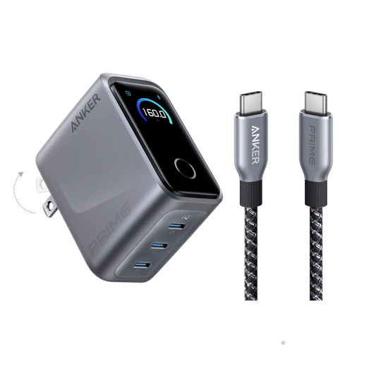 Bundle kit: Anker Prime Charger (160W, 3 Ports, Smart Display) with Anker Prime USB-C to USB-C Cable (240W, Upcycled-Braided)