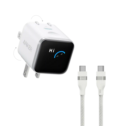 Anker Nano Charger (45W, Smart Display, 180° Foldable) and USB-C to USB-C Cable