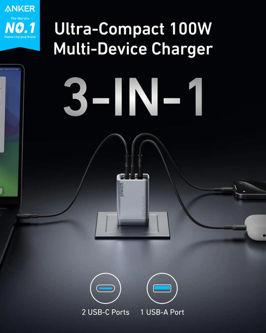 Anker Prime Charger (100W, 3 Ports, GaN) and USB-C to USB-C Cable (240W, 6 ft)