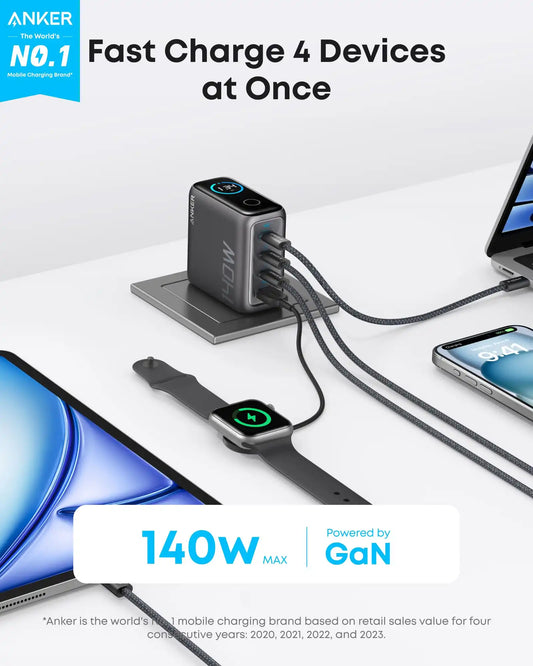 2-Pack Anker Laptop Charger (140W, 4-Port, PD 3.1) with 2-Pack USB-C Cable