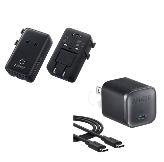 Anker Nano Travel Adapter (5-in-1, 20W, 1-Pack) and Anker Nano Charger (45W) with USB-C to USB-C Cable