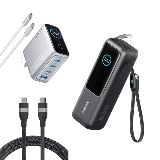 Anker Charger (140W, 4-Port, PD 3.1), Anker Laptop Power Bank, and Anker USB-C to USB-C Cable