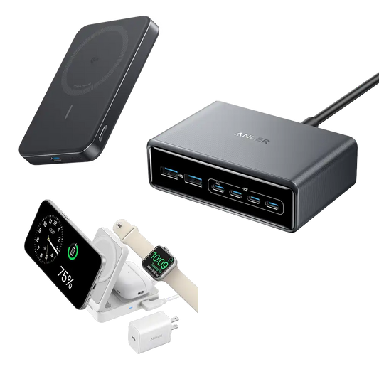 Anker Prime Charger (200W, 6 Ports, GaN), Anker MagGo Power Bank (10K, Slim), and Anker MagGo Wireless Charging Station
